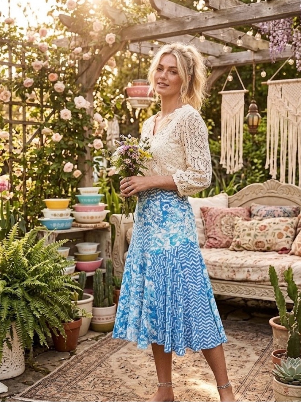 Santiki Isadora Blue Floral Midi Skirt - Size XL
